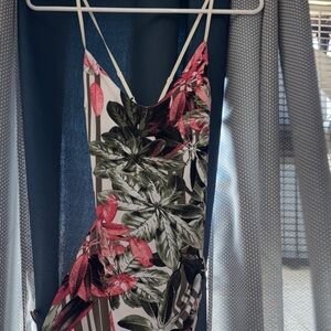 Tropical Floral Slip Dress with Strappy Back - Pink & Green